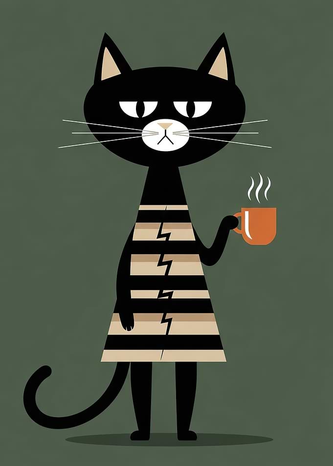 Grumpy Black Cat with Coffee