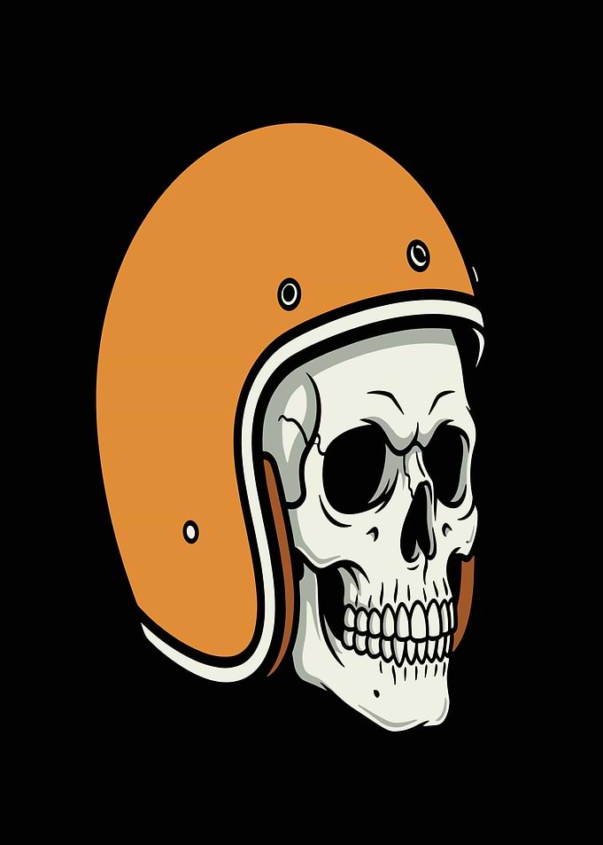Skull in Orange Motorcycle Helmet