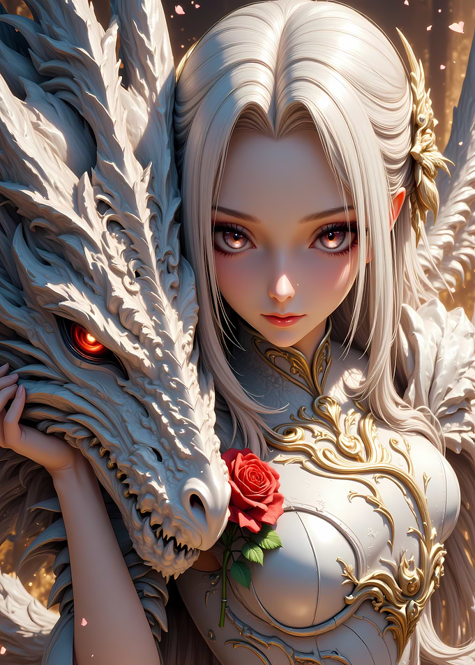 Anime Girl with Dragon and Rose