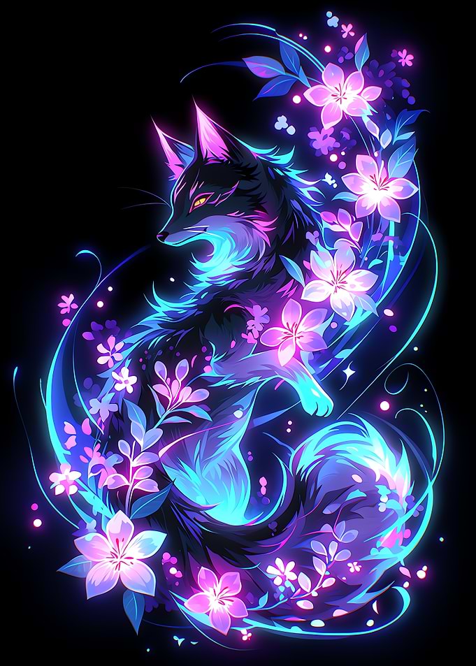 Neon Fox with Flowers