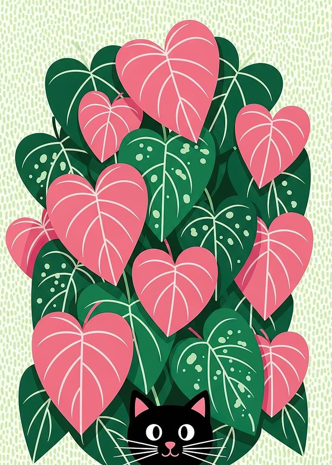 Black Cat Peeking Through Pink and Green Leaves