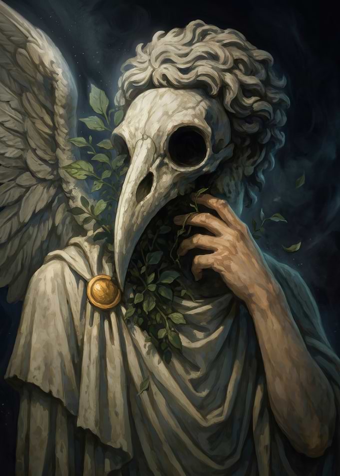 Plague Doctor Angel Statue with Leaves
