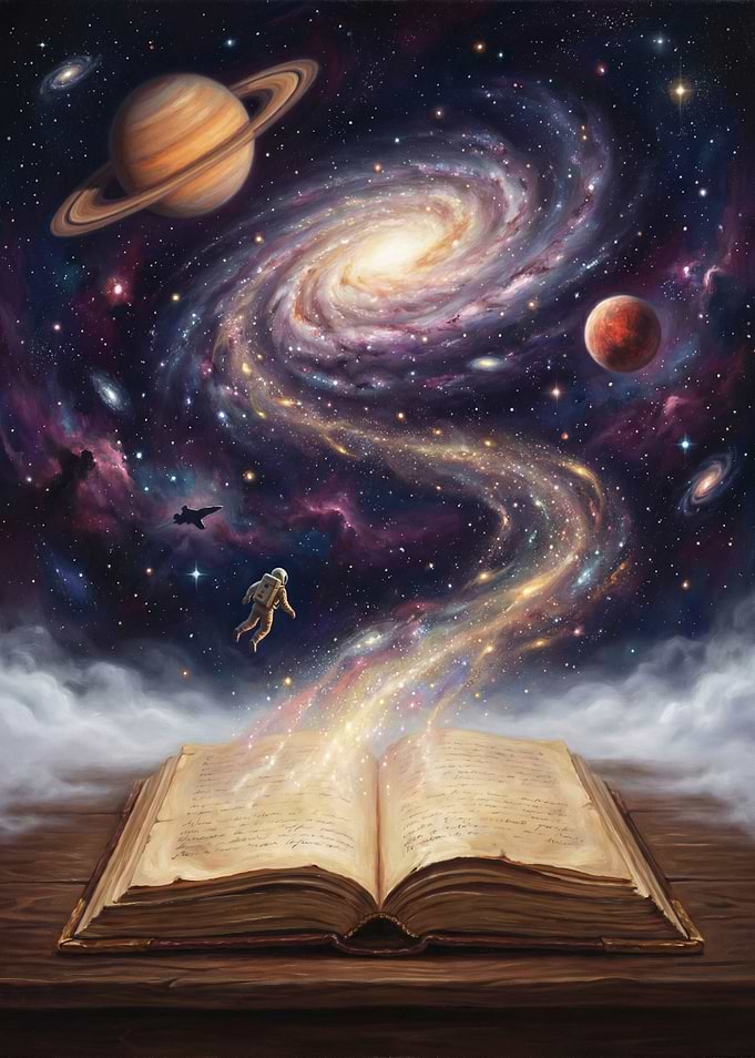 Astronaut Emerging from a Book into Space