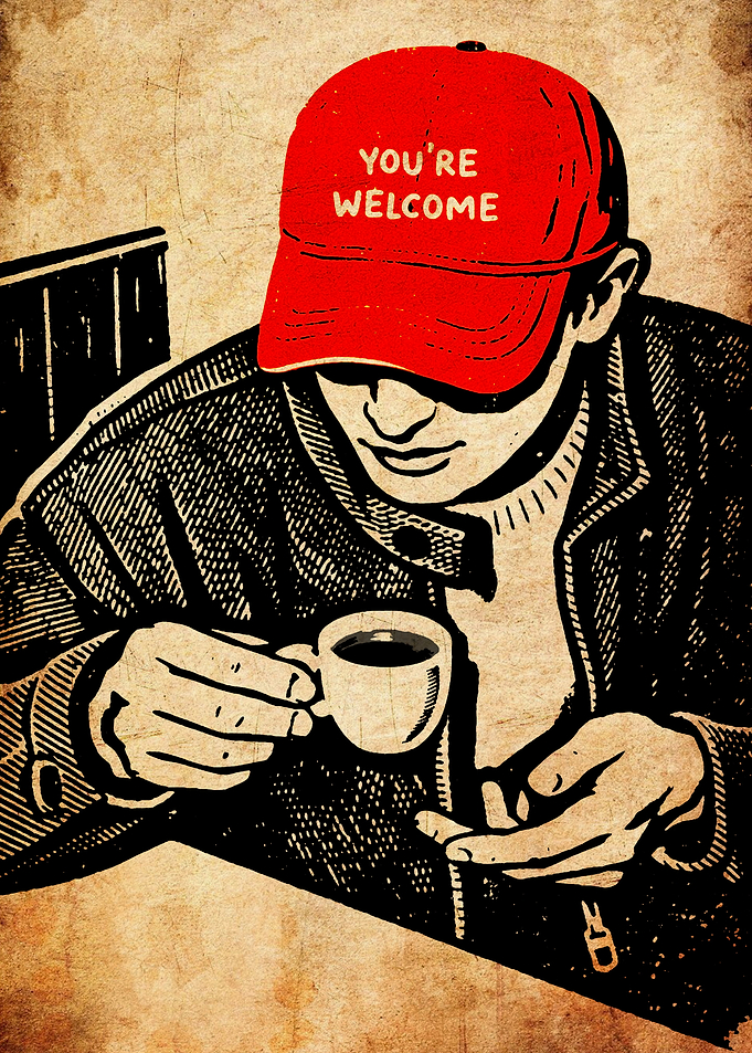 Man in Red Cap with Coffee