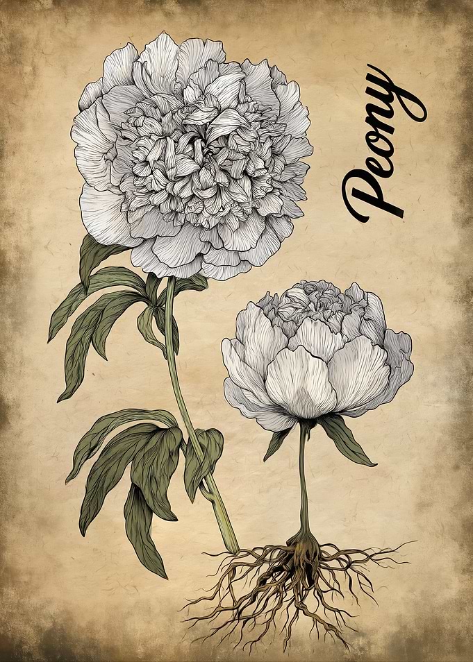 Vintage Peony Illustration with Roots