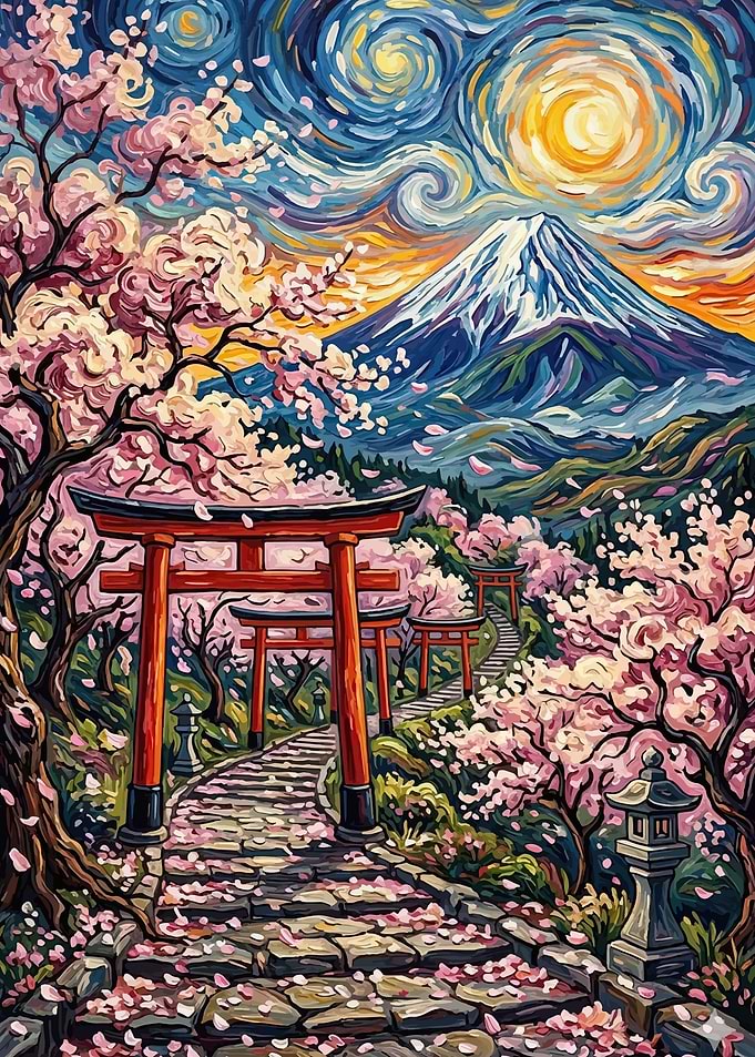 Mount Fuji with Cherry Blossoms Torii Gates