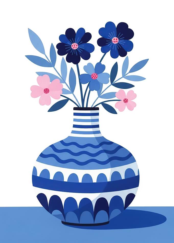 Blue and Pink Flowers in a Blue Vase