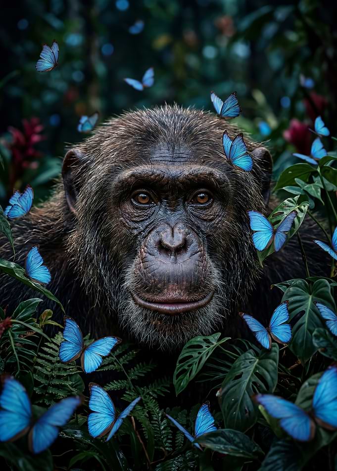 Chimpanzee surrounded by blue butterflies