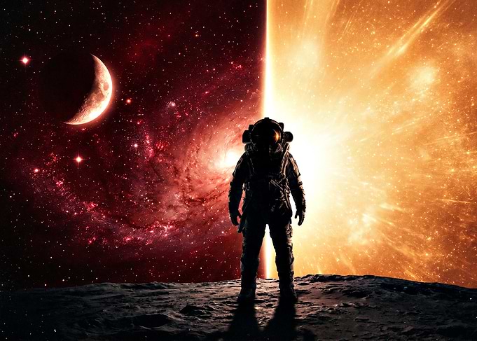 Astronaut on alien planet with nebula