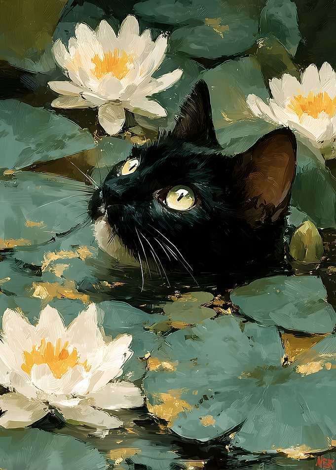 Black Cat Among Water Lilies
