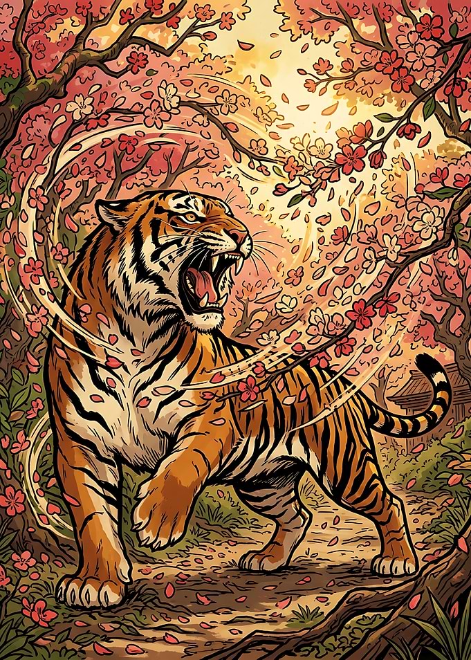 Tiger in japanesse jungle with Cherry Blossoms Design