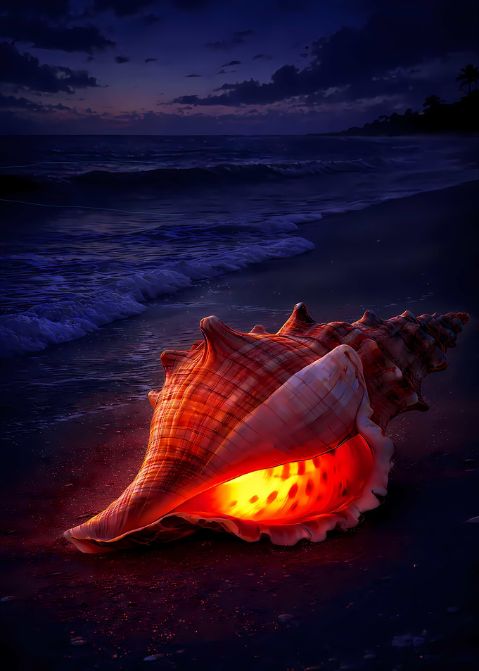 Glowing Seashell on a Beach at Dusk