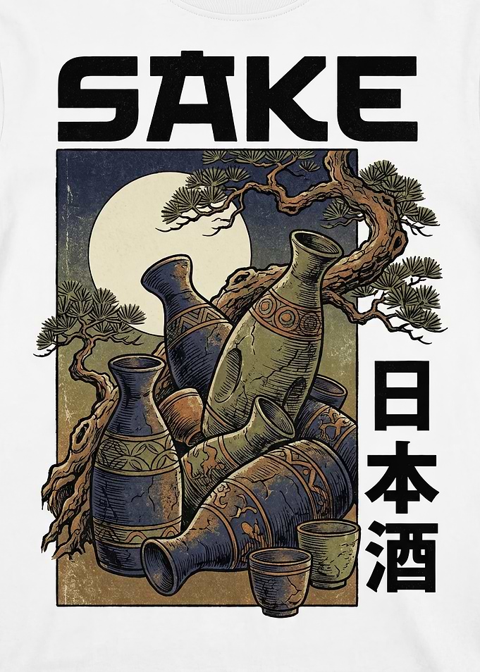 Sake Bottles and Cups with Japanese Text