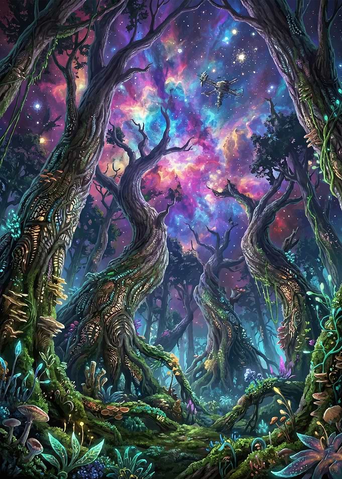 Enchanted Forest with Cosmic Sky