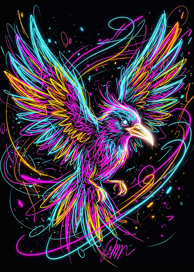 Vibrant Flying Neon Bird Art