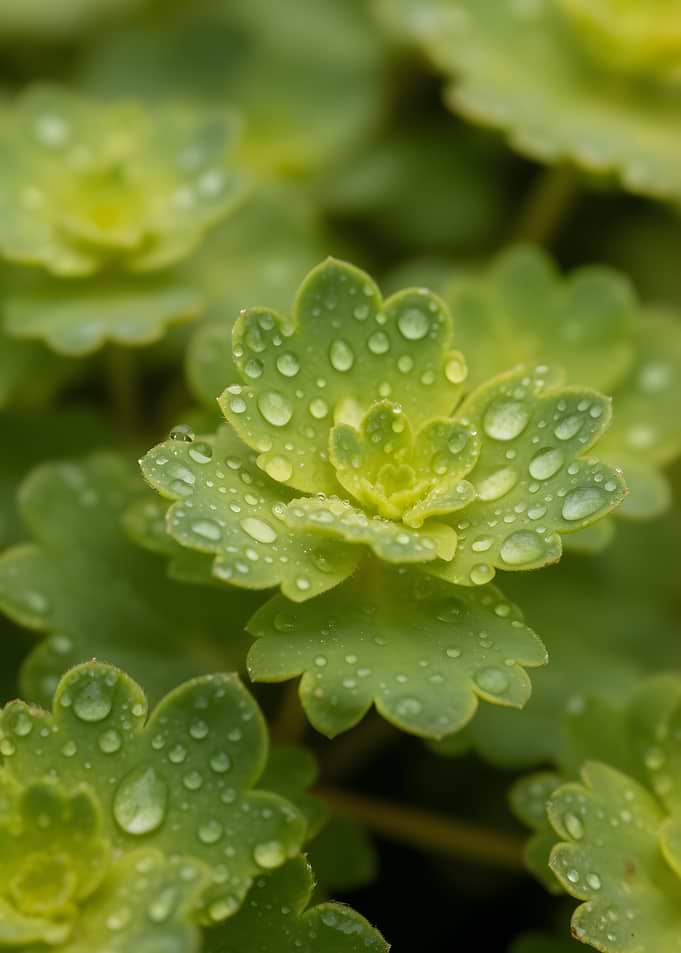 Dewdrops on green succulent leaves