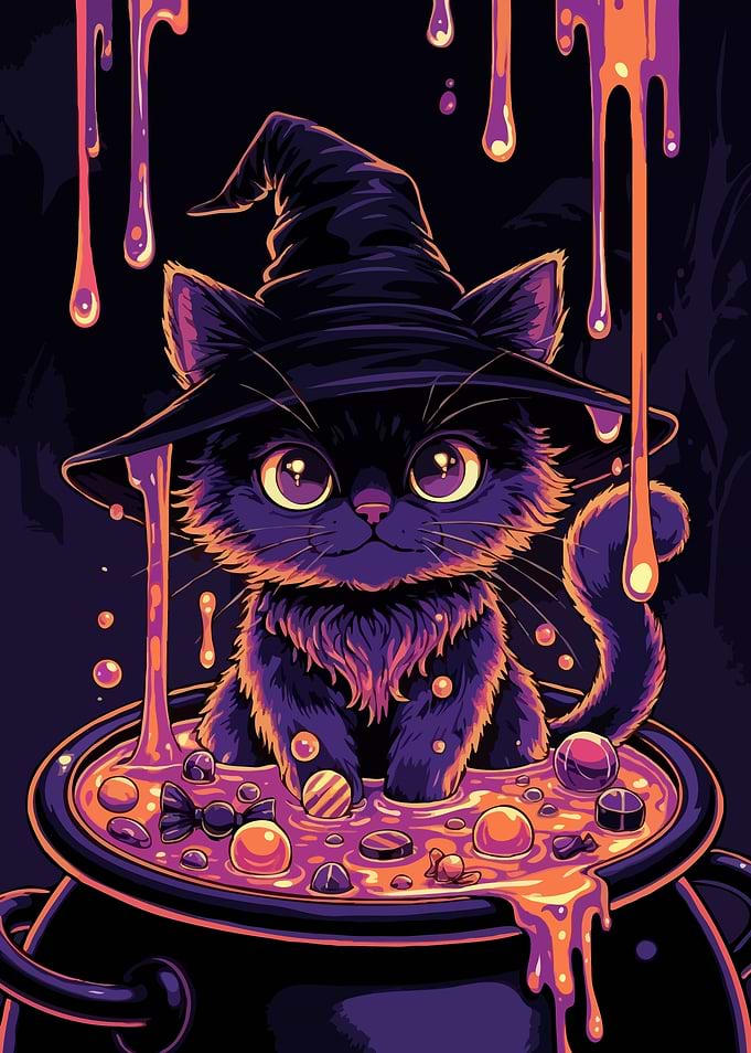 Cute Witch Cat in Cauldron