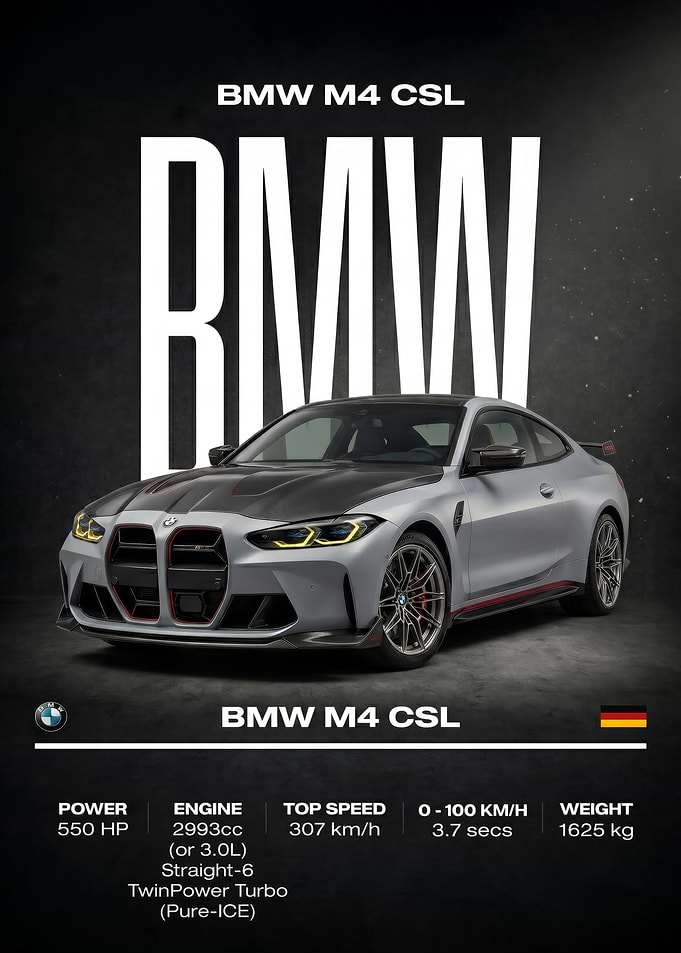 silver BMW M4 CSL Car Poster
