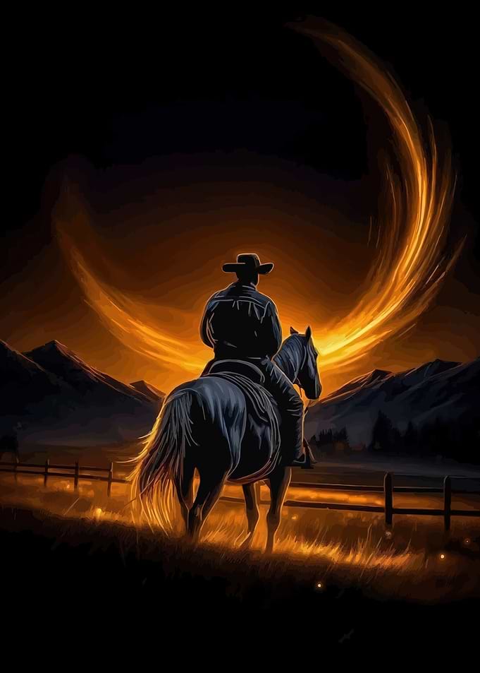 Cowboy on Horse Under Fiery Sky