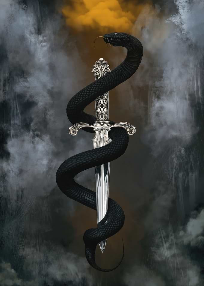 Black Snake Wrapped Around Ornate Sword