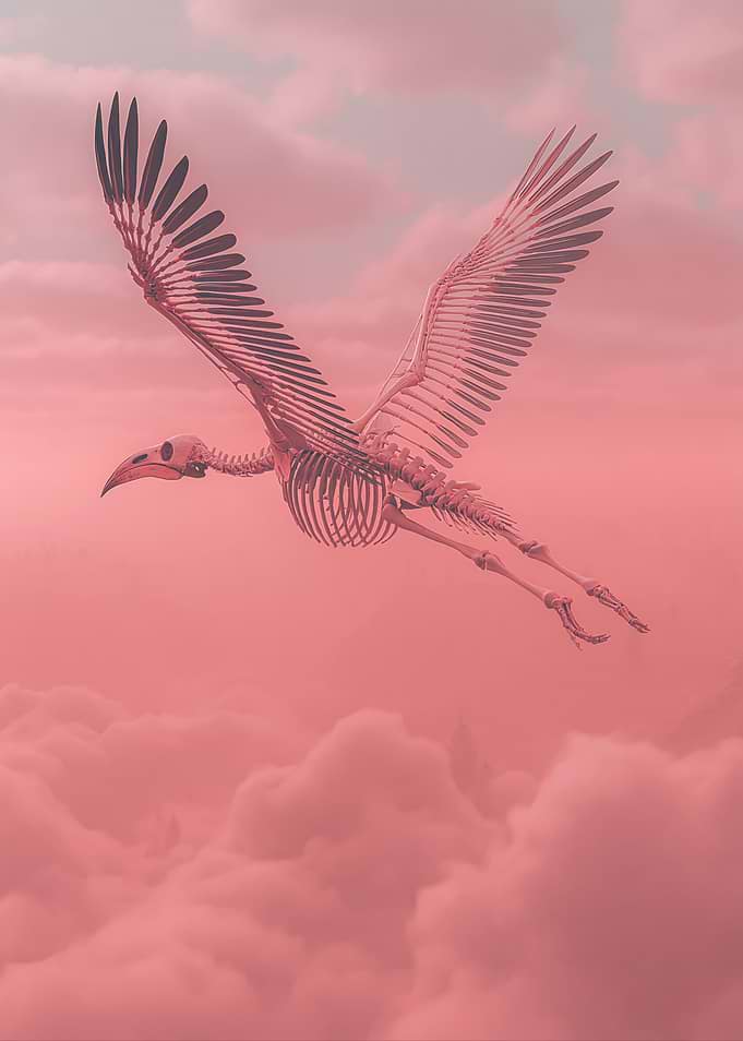 Skeleton Bird Flying Through Clouds