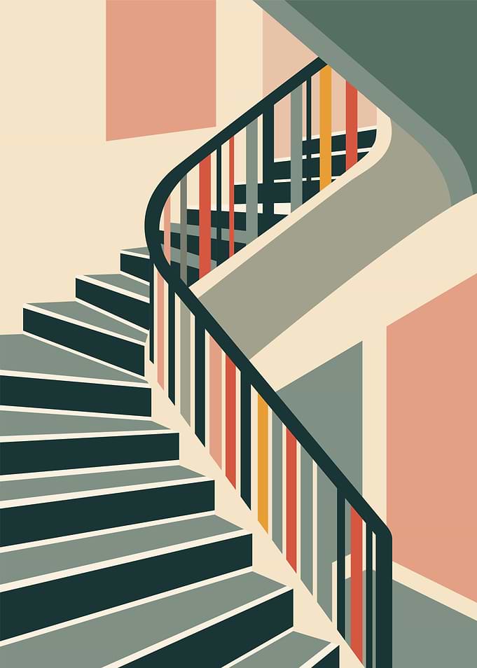 Abstract Staircase with Colorful Railing