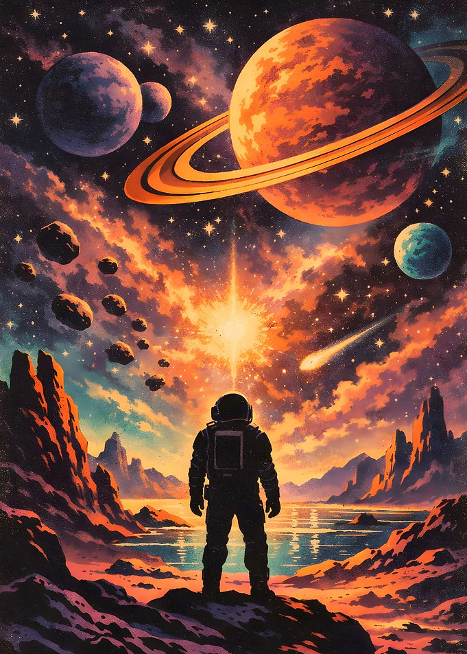 Astronaut Gazing at Alien Galaxy