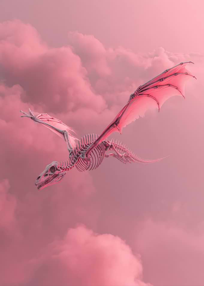 Dragon Skeleton Flying Through Pink Clouds
