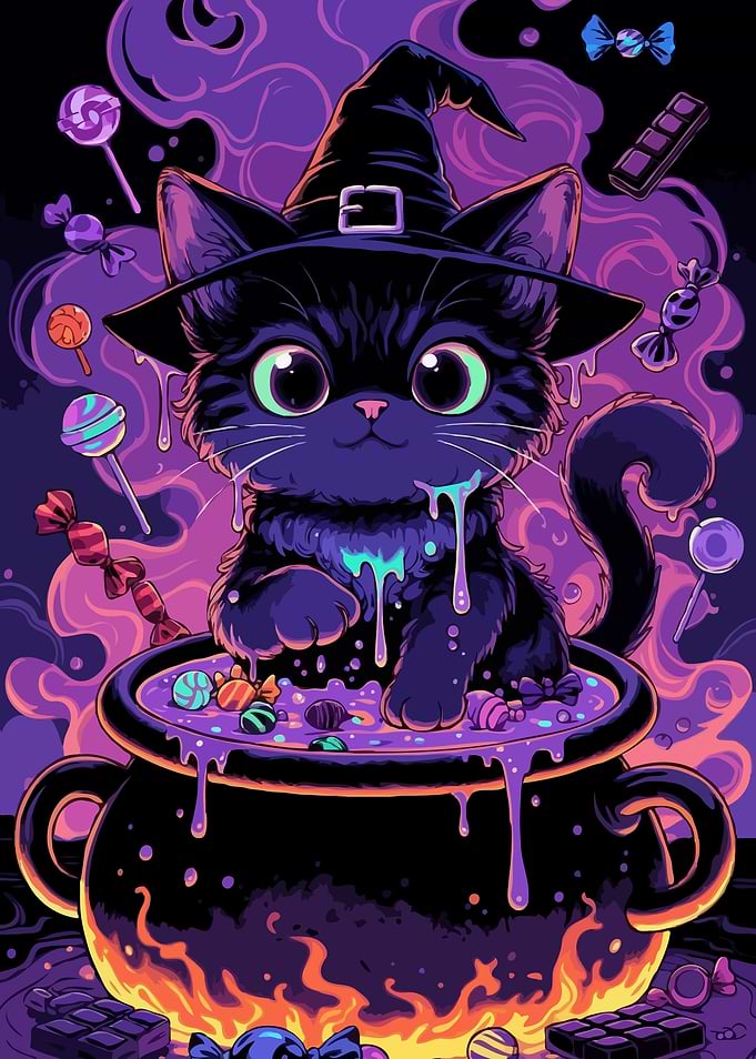 Halloween Cat in a Cauldron