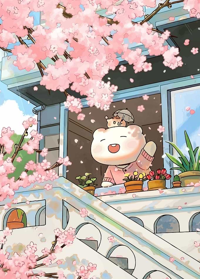Cute bear character waving from a window