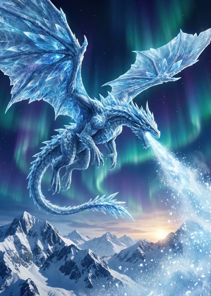 Ice Dragon Breathing Frost Over Mountains