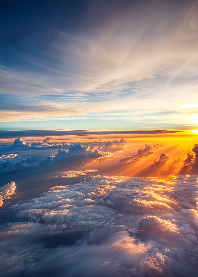 Sunset over clouds from airplane window