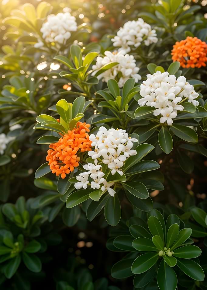 Orange and White Flowers on Bush