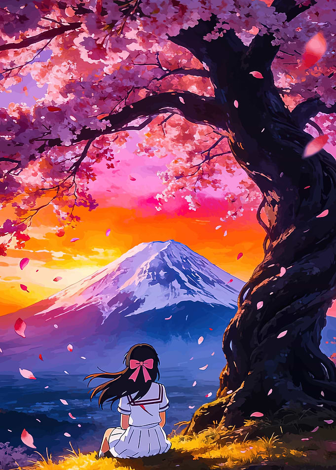 Girl Watching Mount Fuji Under Cherry Blossoms