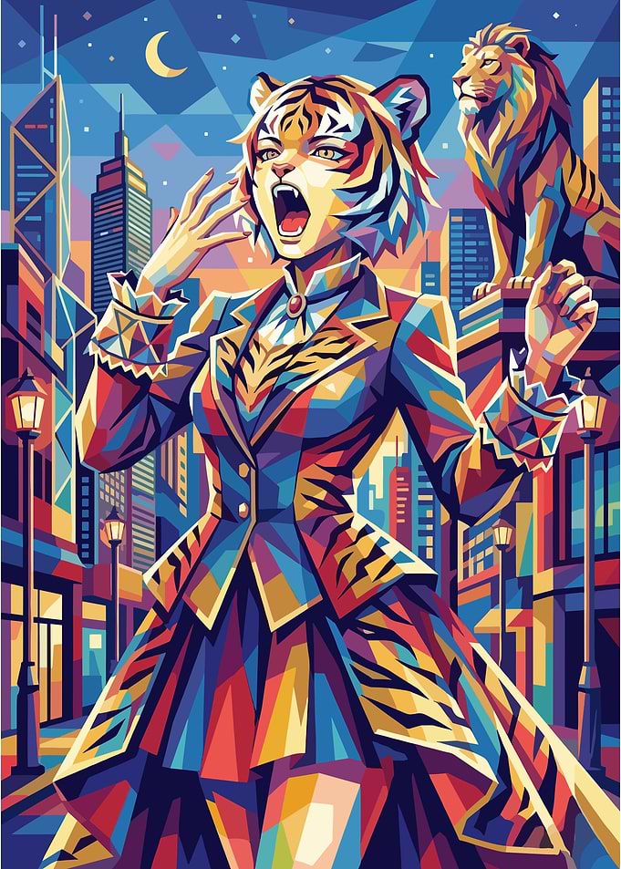Tiger Woman and Lion in Pop Art Cityscape