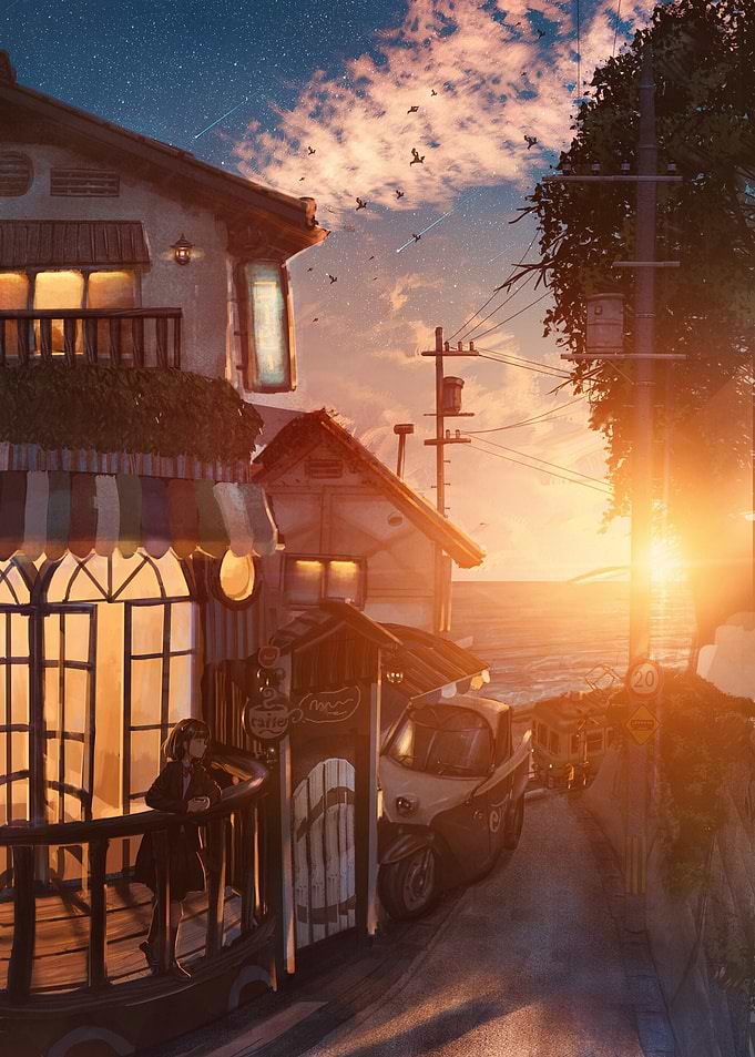 Sunset over a coastal town street