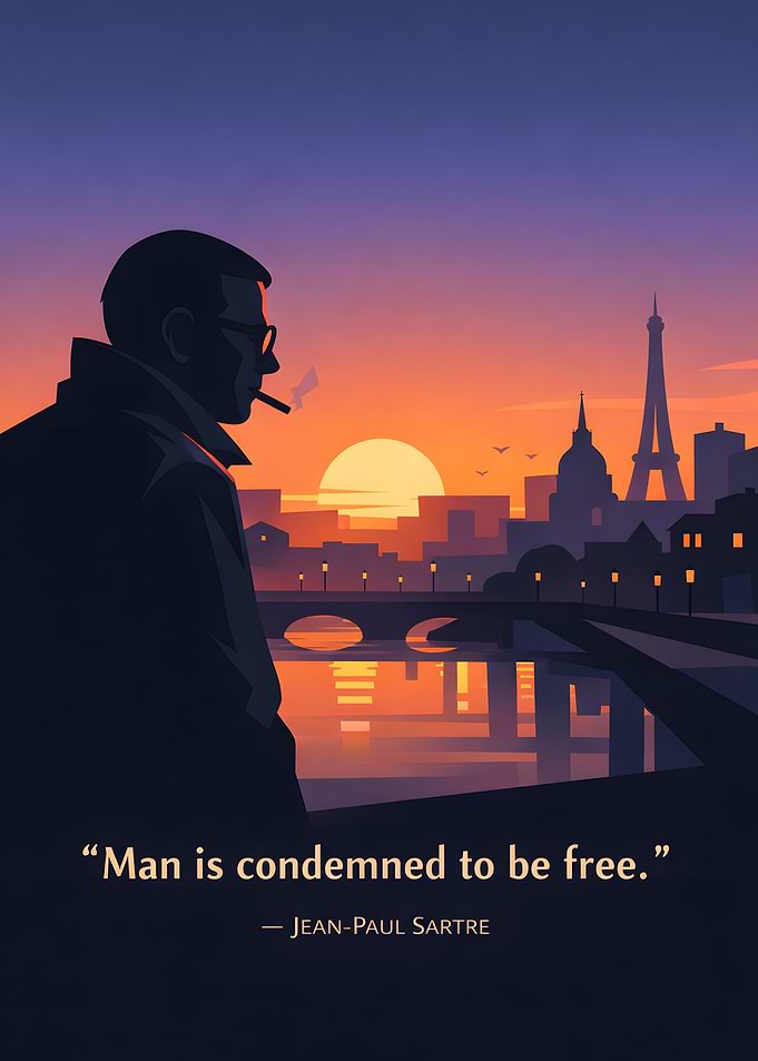Jean-Paul Sartre in Paris at Sunset
