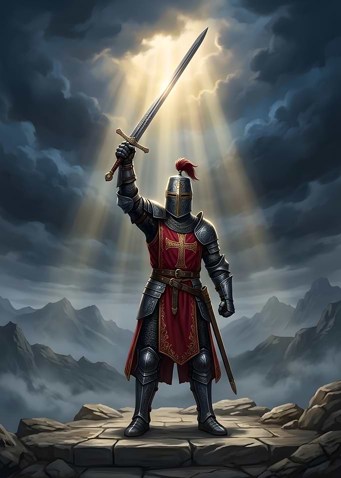 Crusader Knight Holding Sword in Sunlight