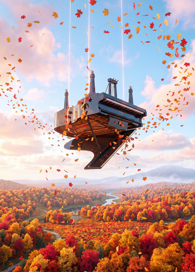 Floating Piano in Autumn Landscape