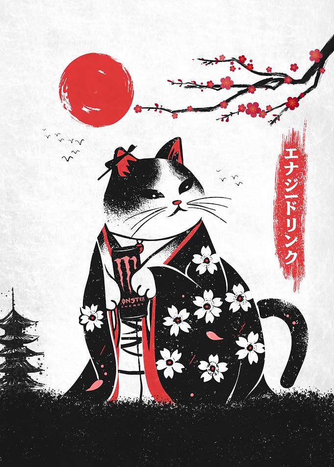 Cat in Kimono with Monster Energy