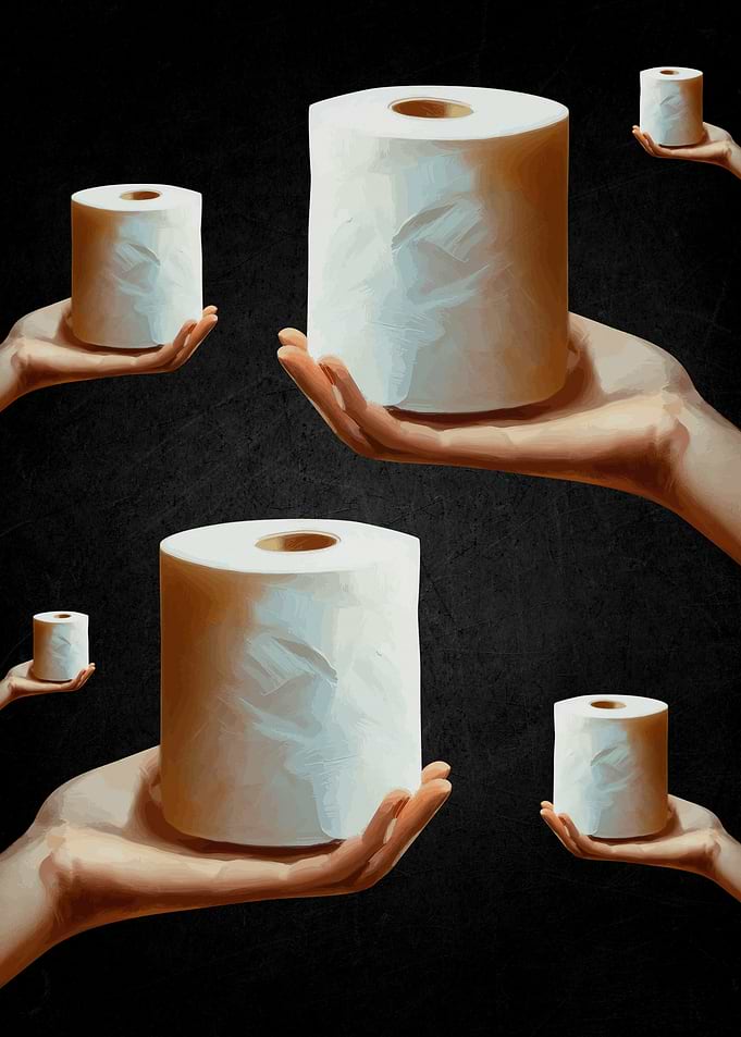 Hands holding toilet paper rolls