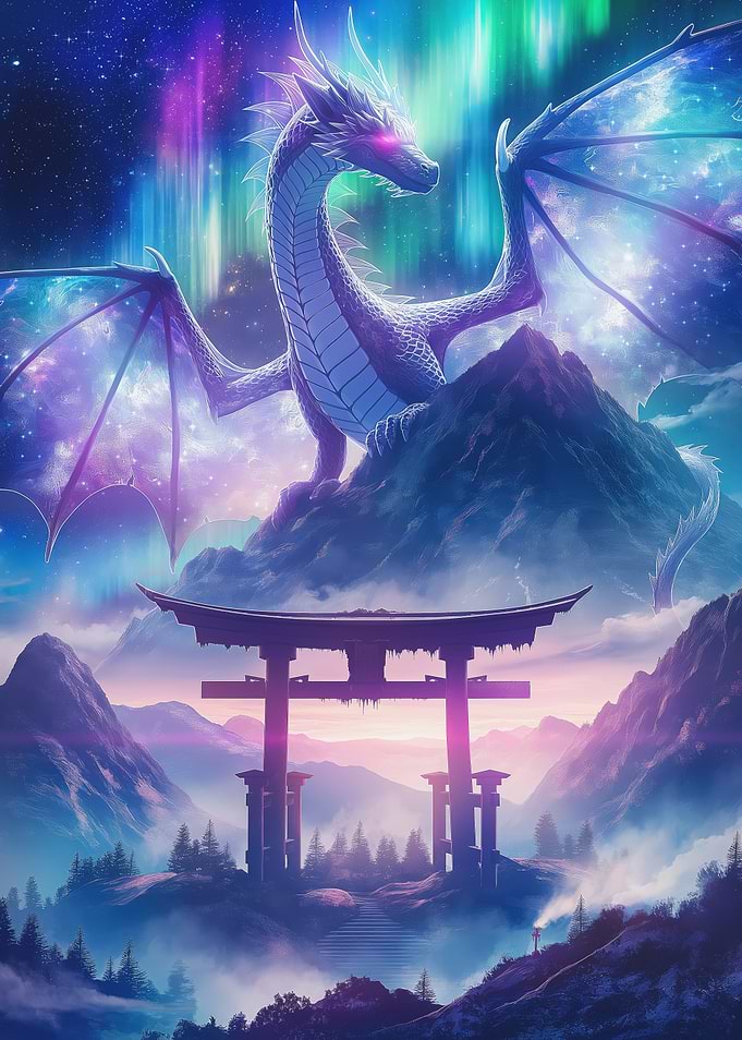 Aurora Dragon Above Sacred Torii Gate