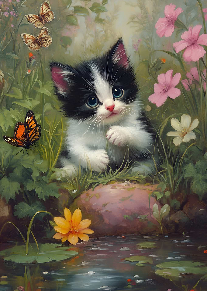Cute Kitten in a Garden with Butterflies