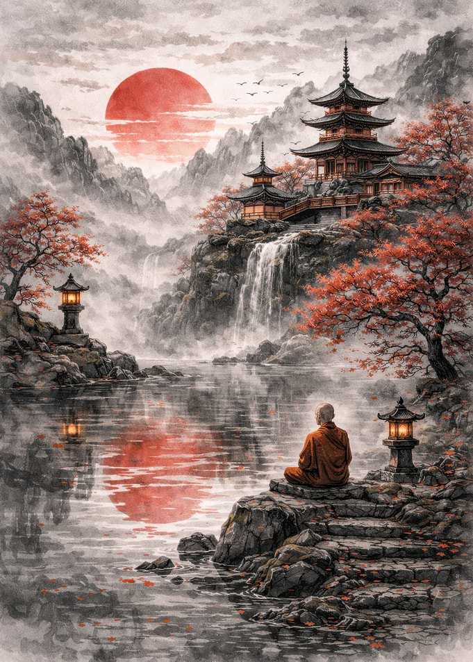 Monk Meditating by Waterfall