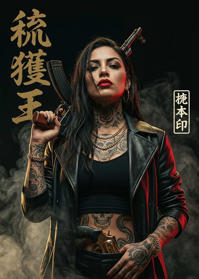 Tattooed Woman with Guns and Japanese Text