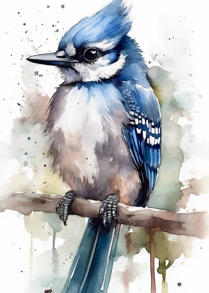 Watercolor Blue Jay on Branch