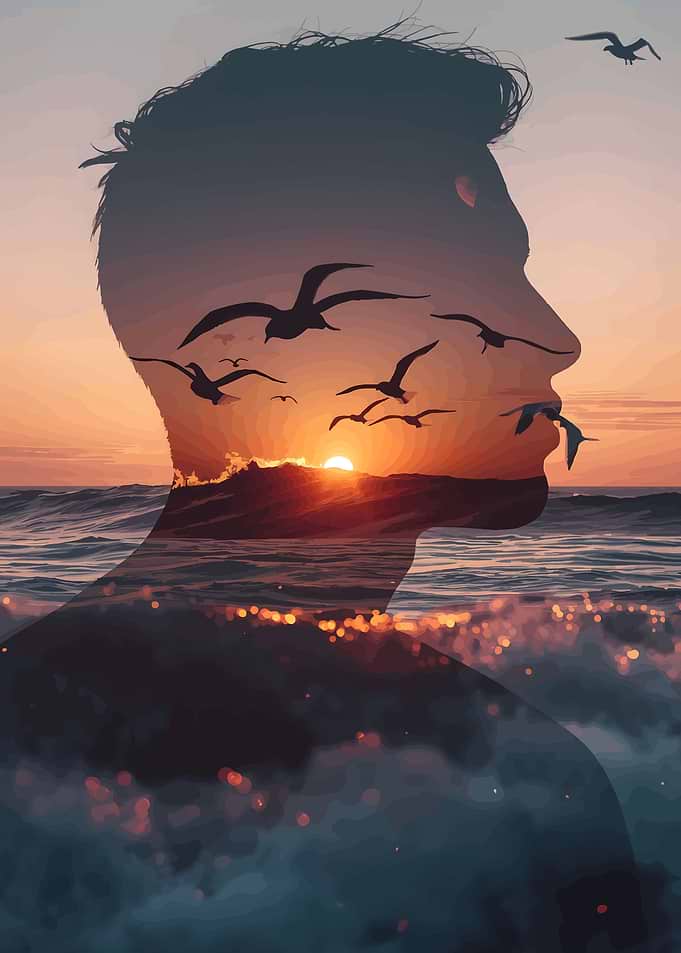 Double Exposure Silhouette of Man Sunset