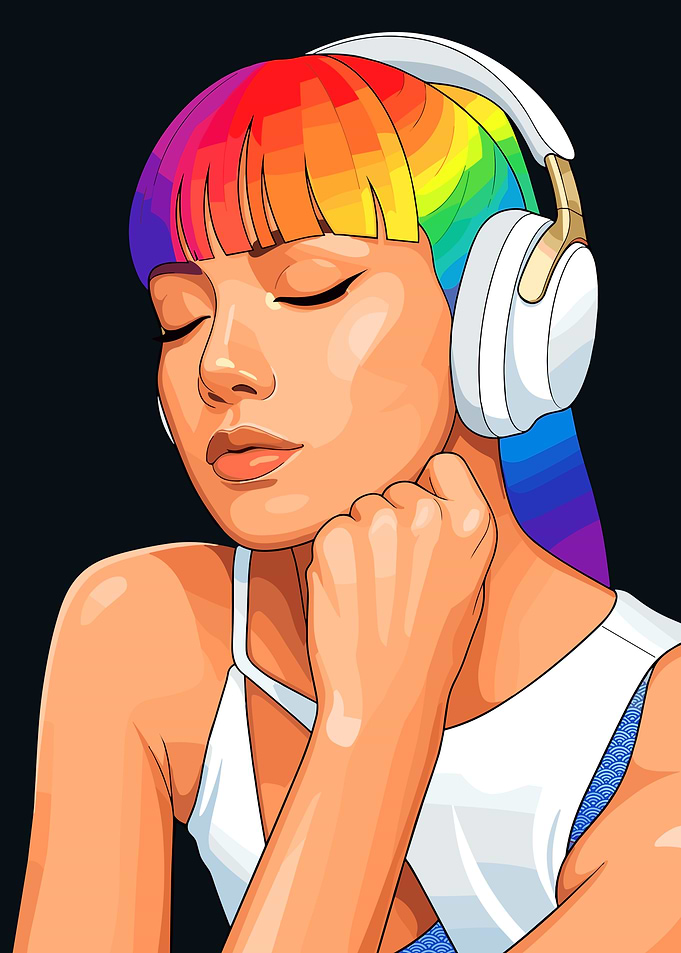 Lisa with Rainbow Hair Listening to Music