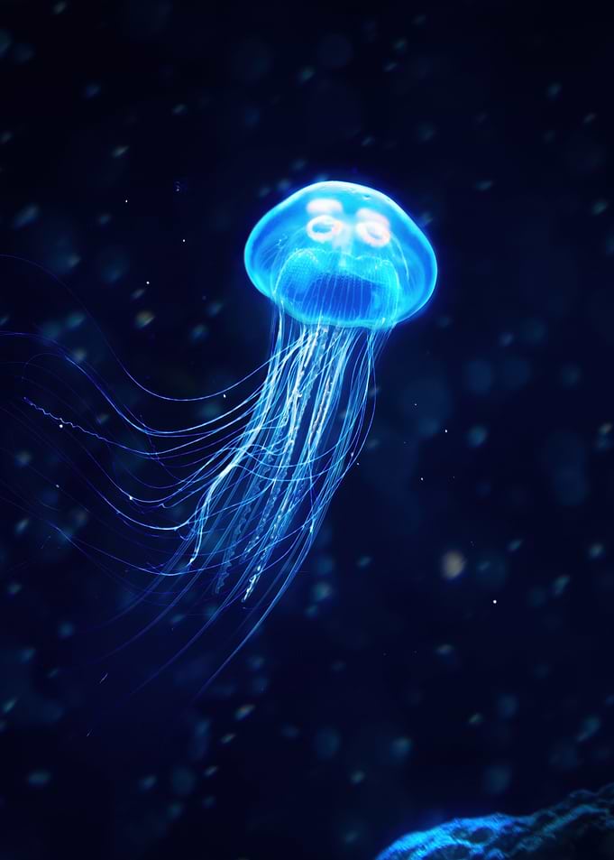 Bioluminescent Jellyfish in Deep Blue Sea