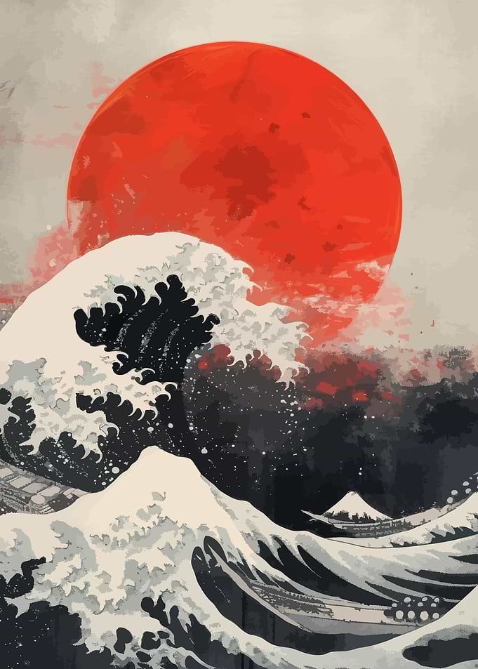 Great Wave with Red Sun and Mount Fuji